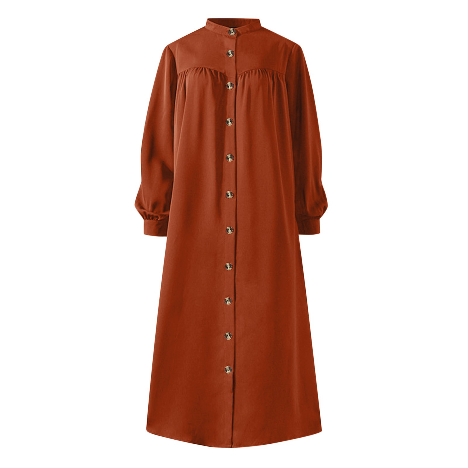 thumbnail image 4 of Vestido largo con cuello en V y botones para mujer: color liso, manga larga, poliéster, informal/de noche, S-XXL, 4 of 5